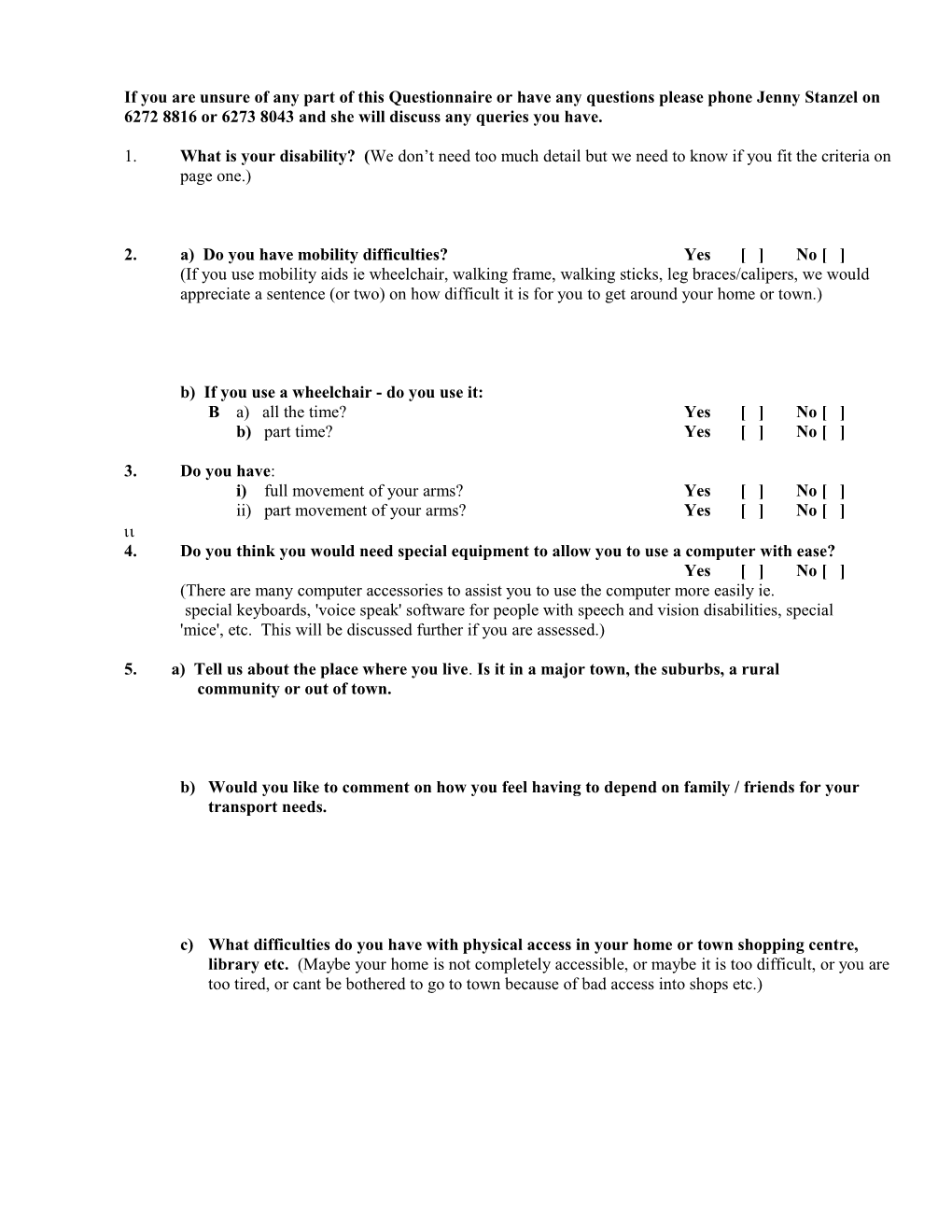 Attachment 1 - Questionnaire (HREOC - 8-11-99)