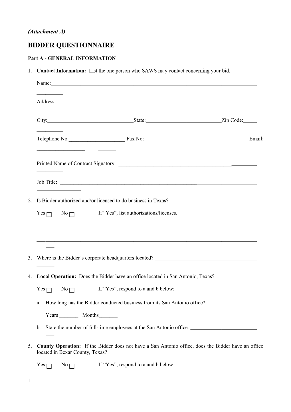 Bidder Questionnaire