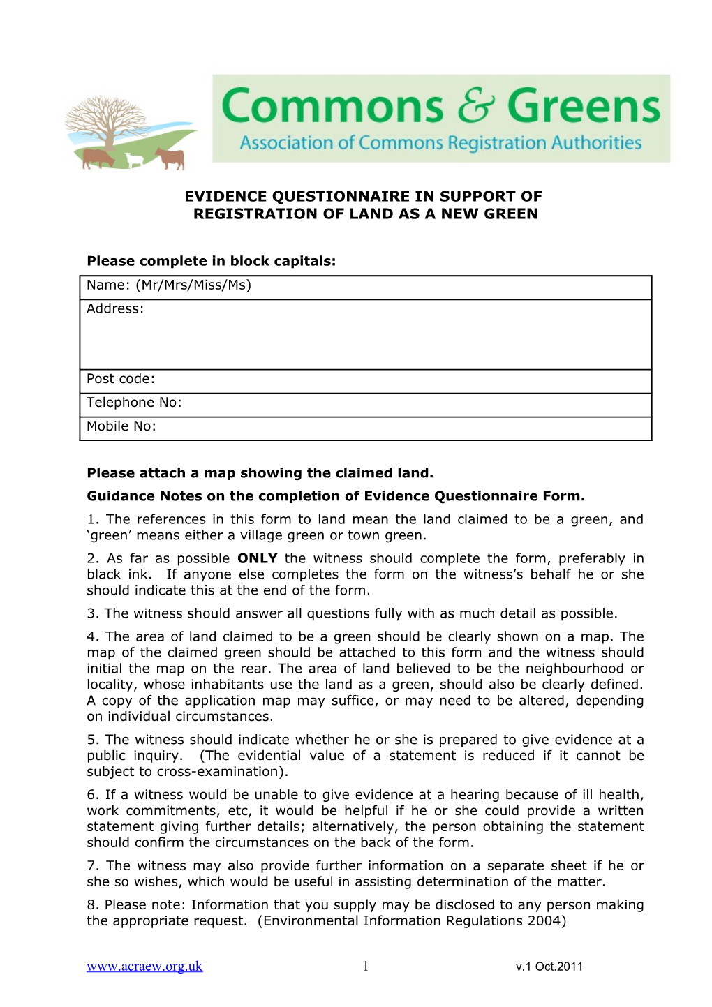 Evidence Questionnaire in Support of Registration