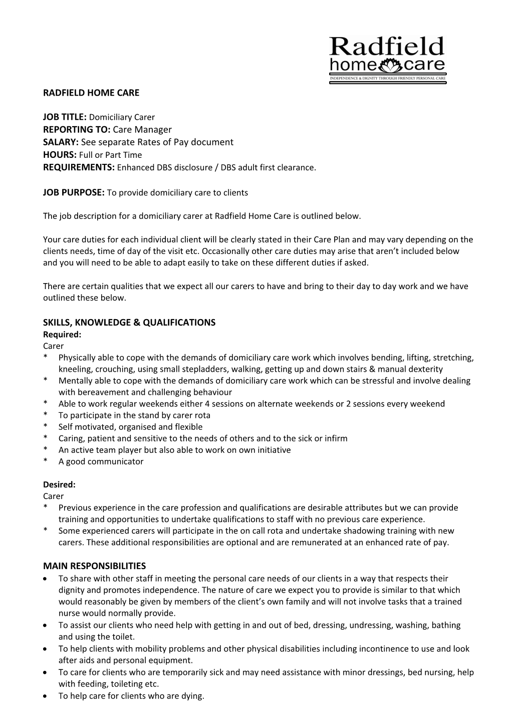 Radfield Home Care Ltd - Job Description