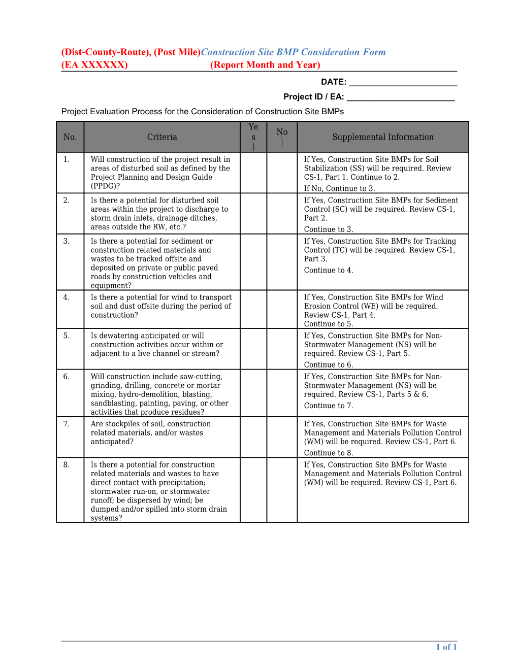 Project Evaluation Process for the Consideration of Construction Site Bmps