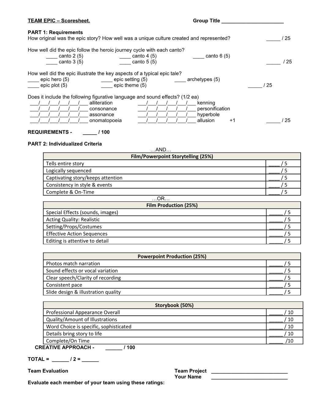 TEAM EPIC Scoresheet. Group Title ______