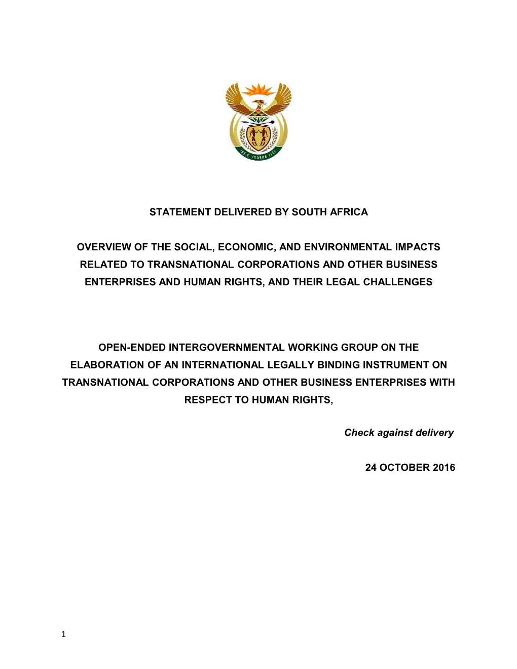 Statement Delivered by South Africa