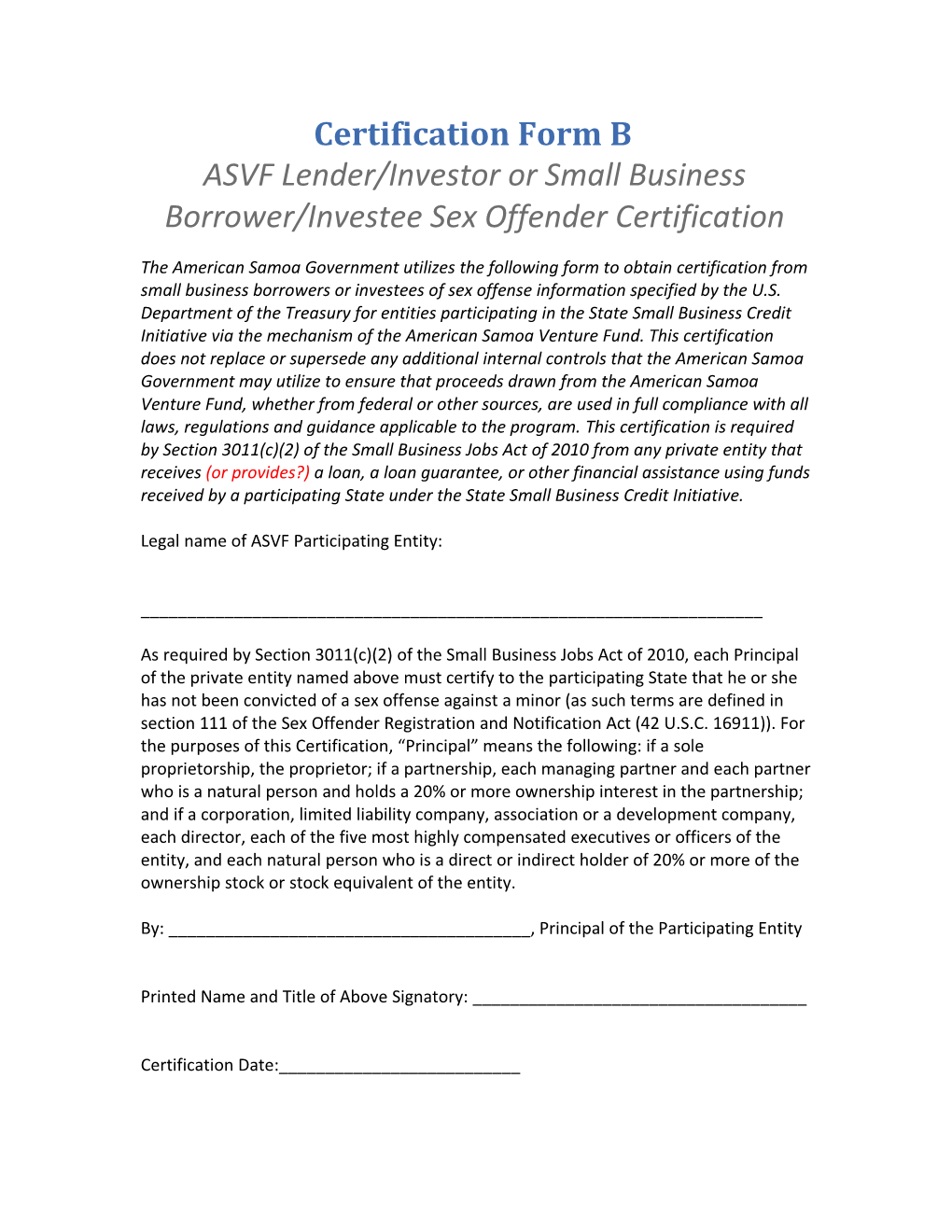 ASVF Lender/Investor Or Small Business Borrower/Investee Sex Offender Certification
