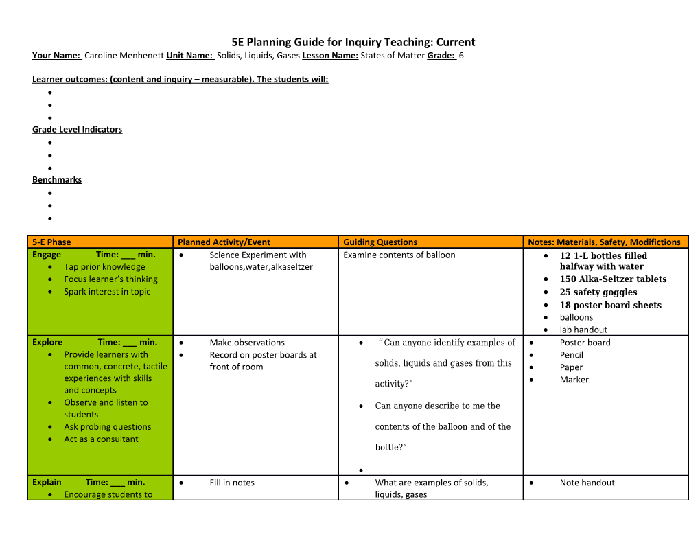 Learner Outcomes: (Content and Inquiry Measurable). the Students Will