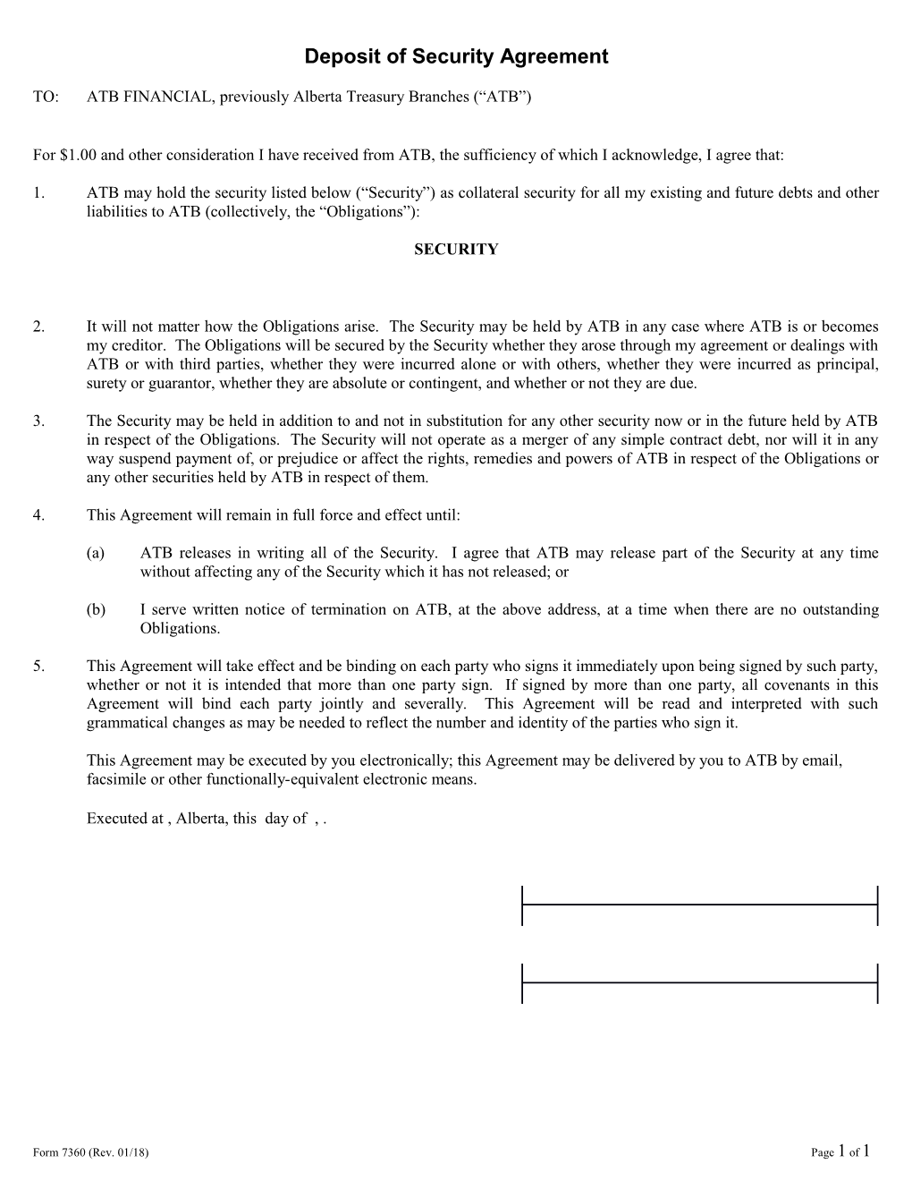 Form 7360 (Rev. 2018-01) - Deposit of Security Agreement