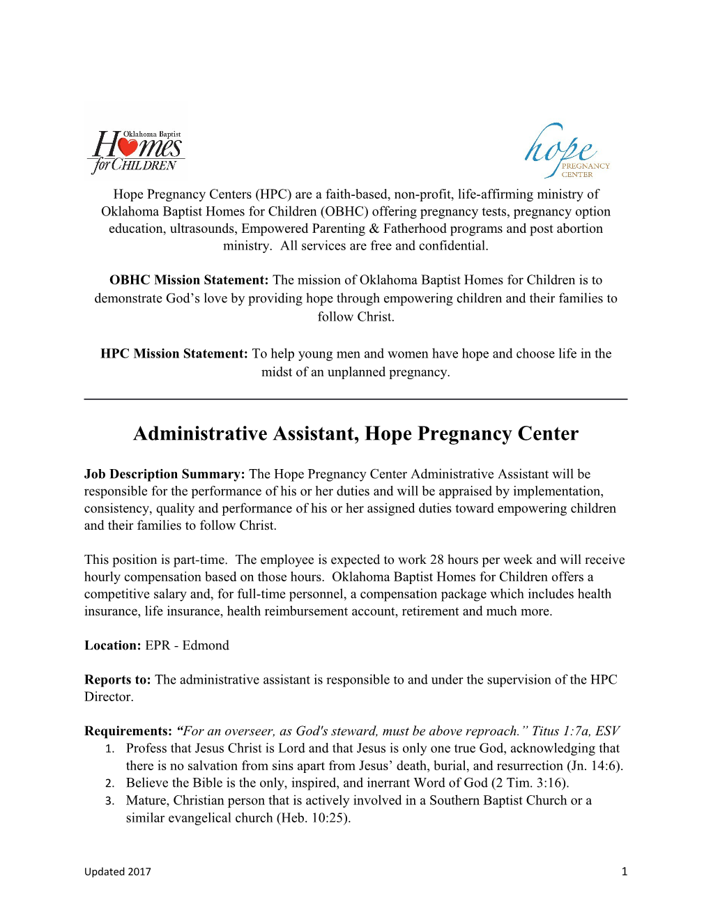 Administrative Assistant, Hope Pregnancy Center