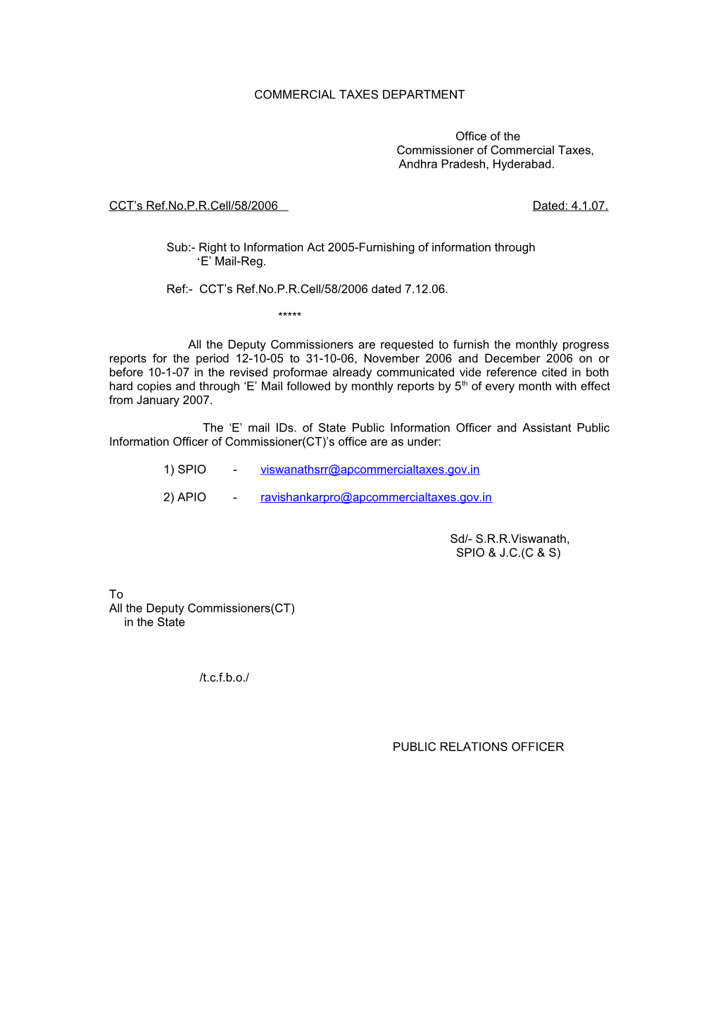Note to the Assistantcommissioner (General), O/O Cct, Hyderabad