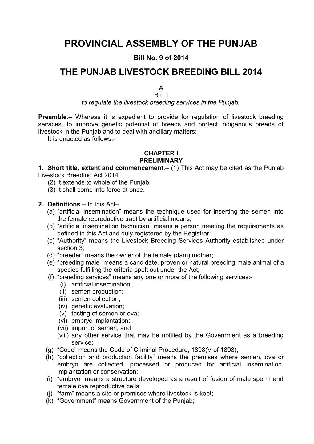 Punjab Livestock Breeding Act -2012