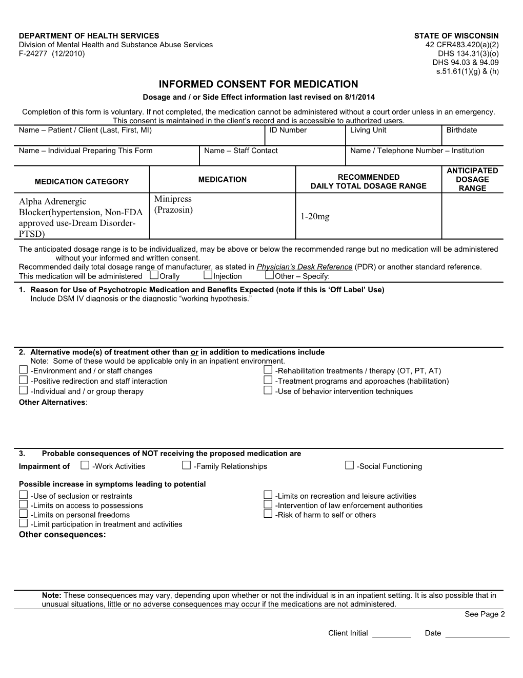 Informed Consent for Medication, F-24277, Prazosin