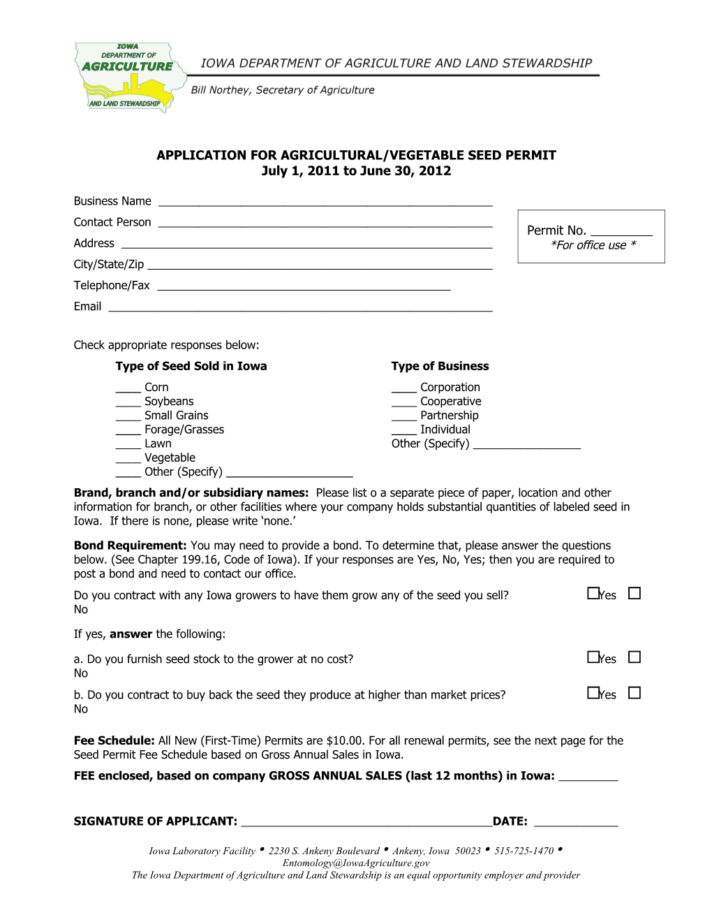 Application for Agricultural/Vegetable Seed Permit