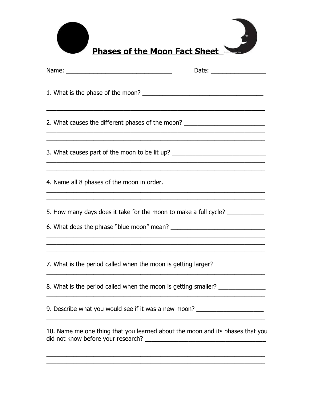 Phases of the Moon Fact Sheet