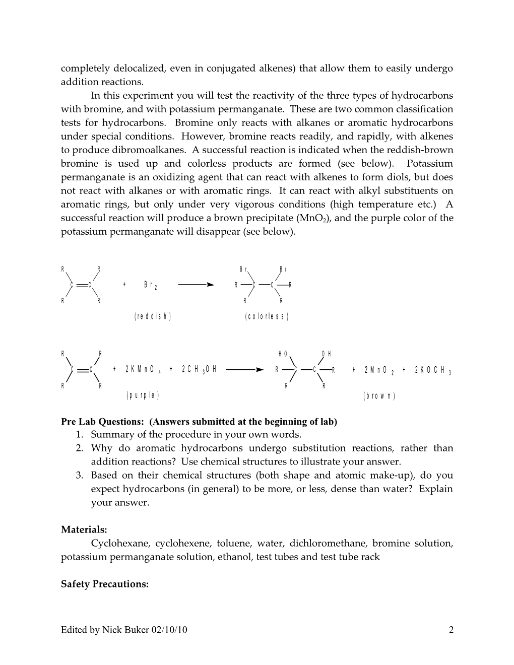 Experiment 1: Physical and Chemical Properties of Alkanes, Alkenes and Arenes