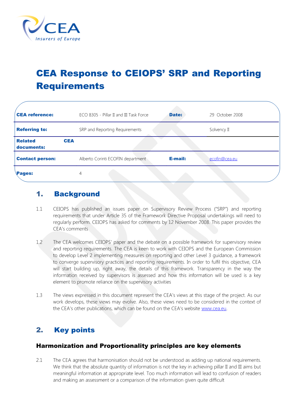 CEA Response to CEIOPS ORSA