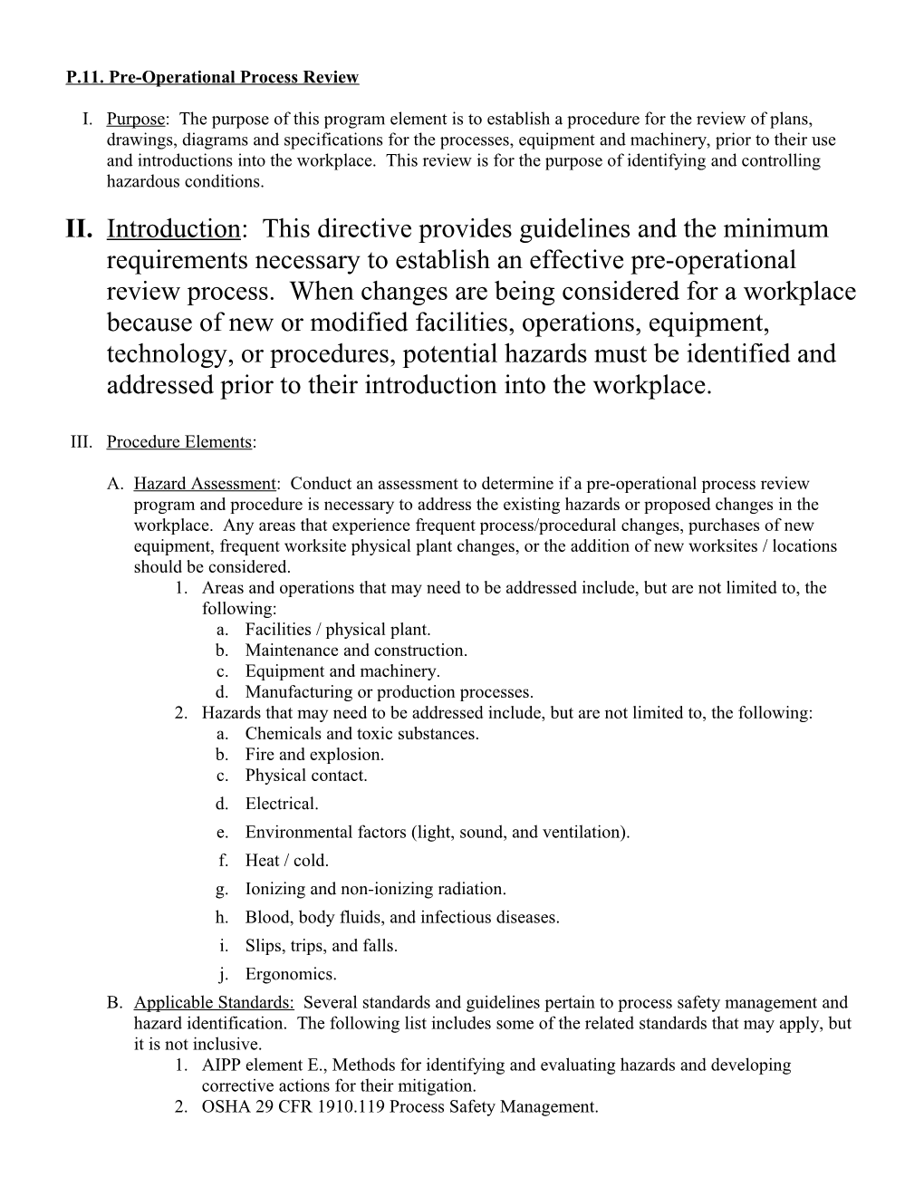 P.11. Pre-Operational Process Review