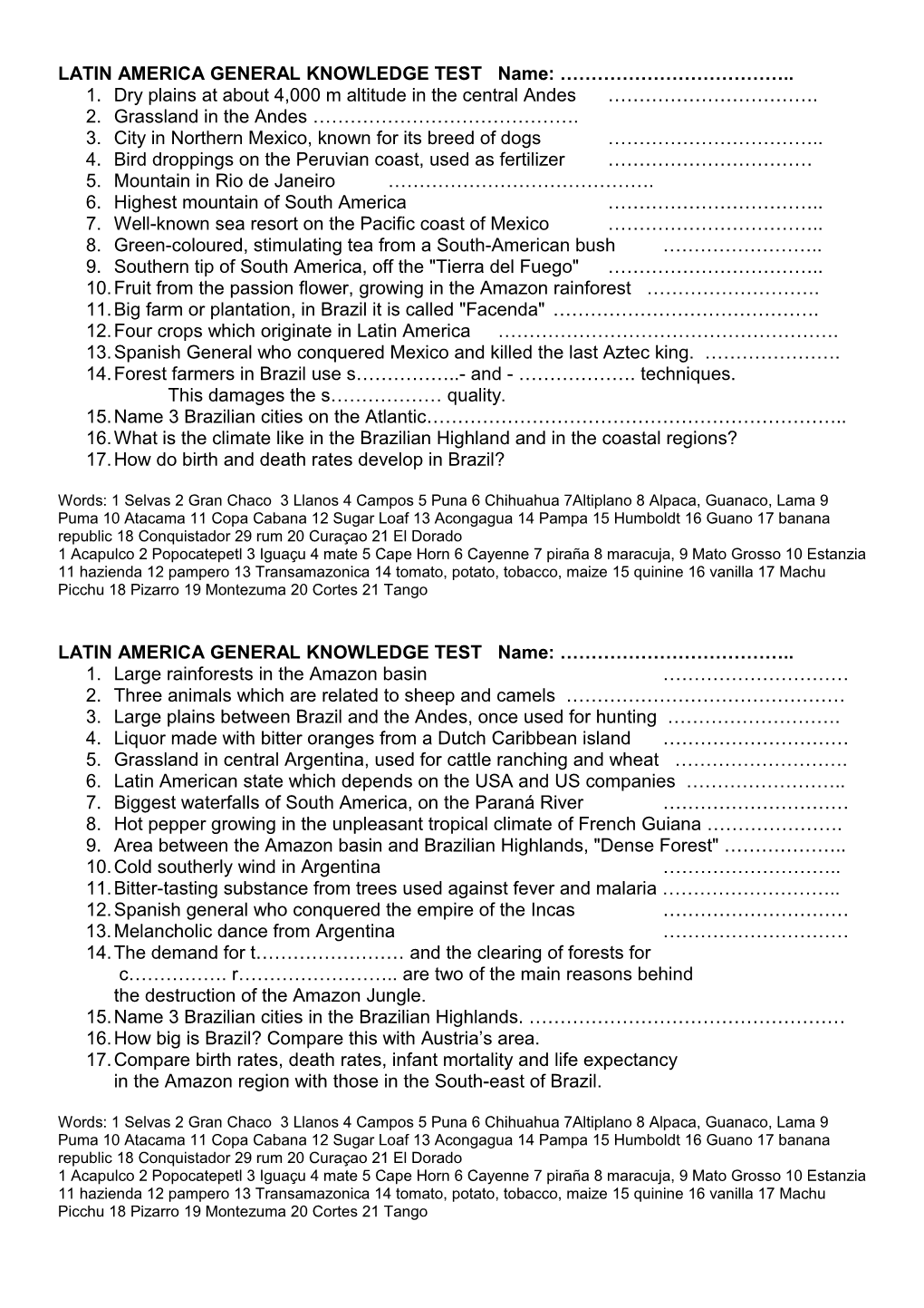 Latin America General Knowledge Test