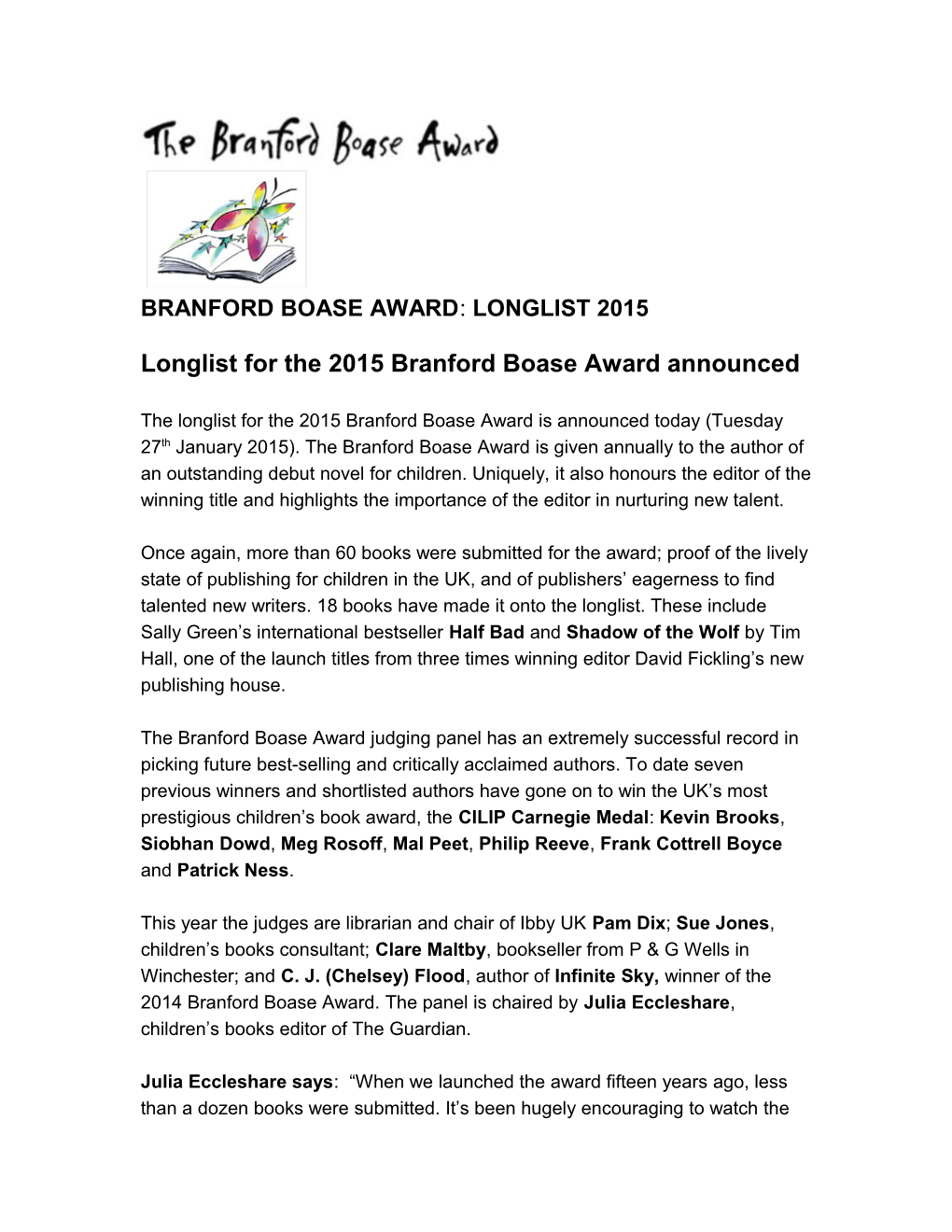 Longlist for the 2015 Branford Boase Award Announced