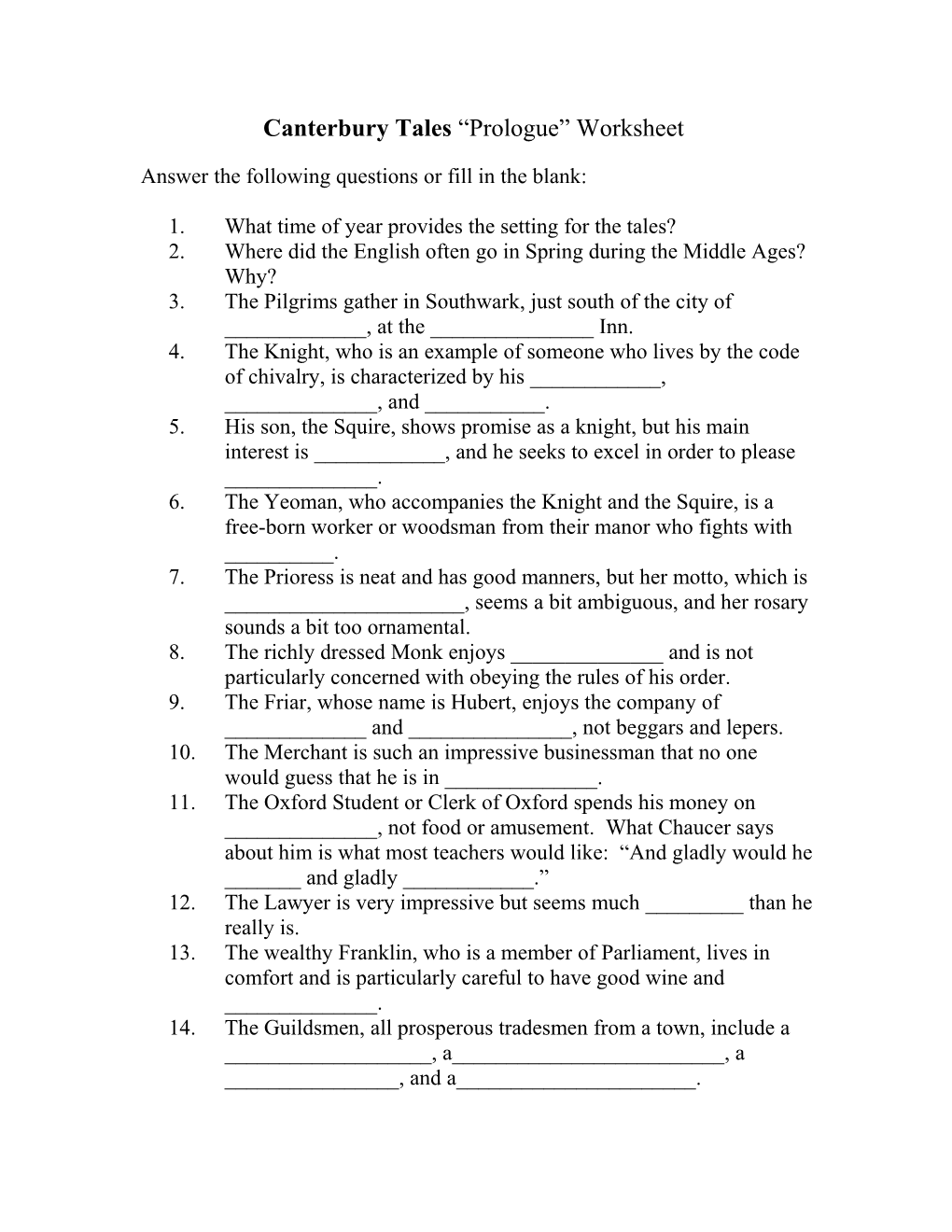 Canterbury Tales Prologue Worksheet