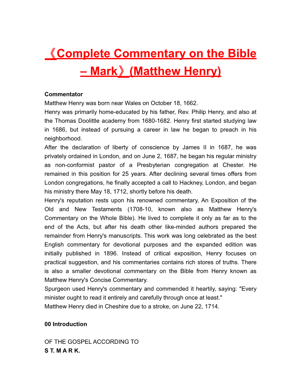 Complete Commentary on the Bible Mark (Matthew Henry)