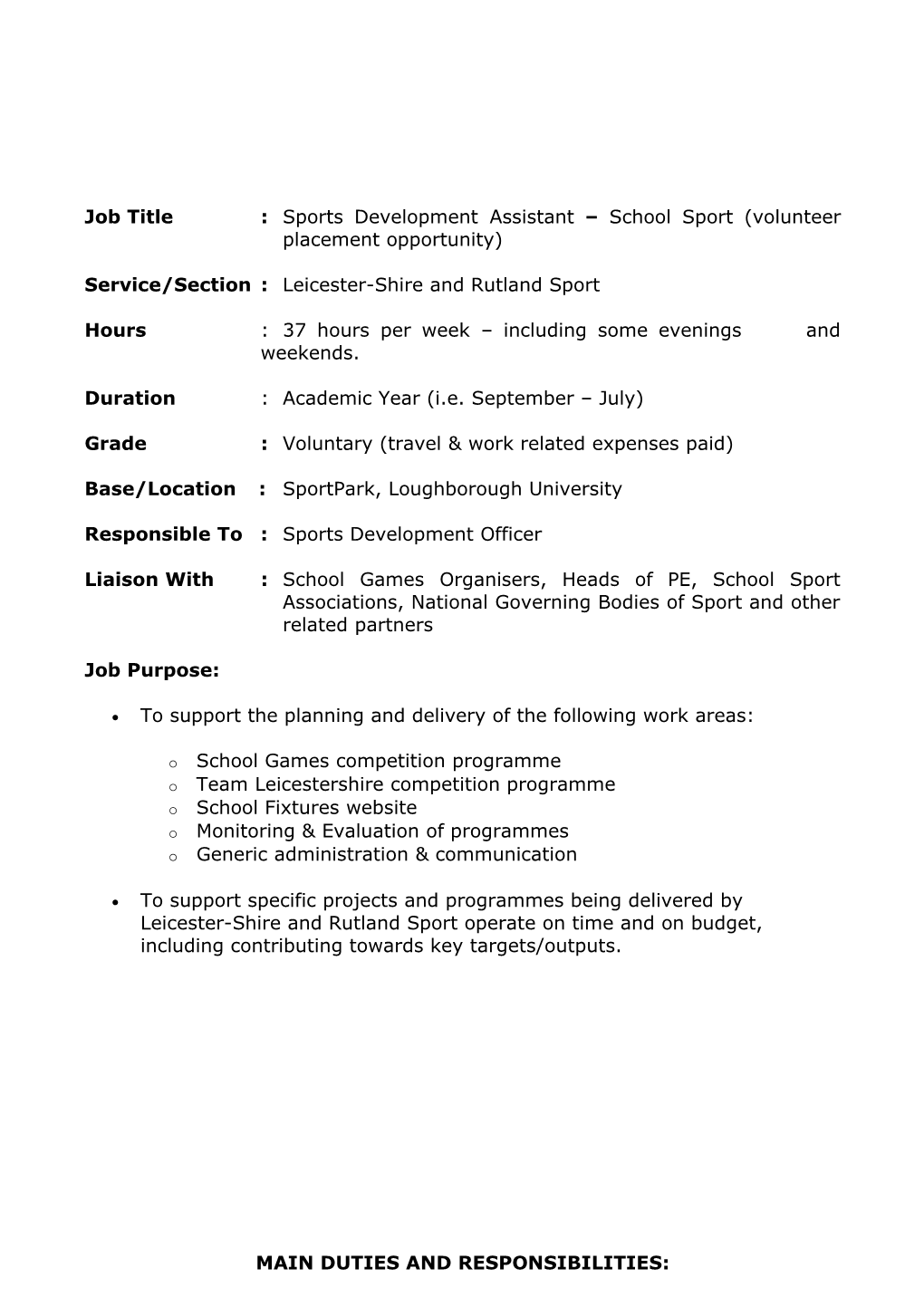 Job Title : Sports Development Assistant School Sport (Volunteer Placement Opportunity)