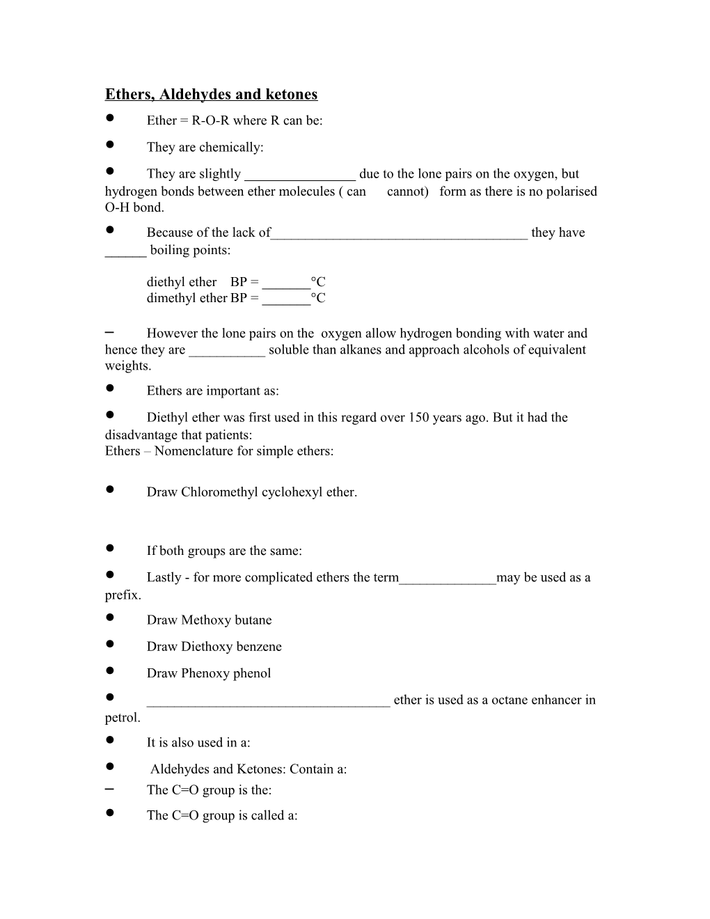 Ethers, Aldehydes and Ketones