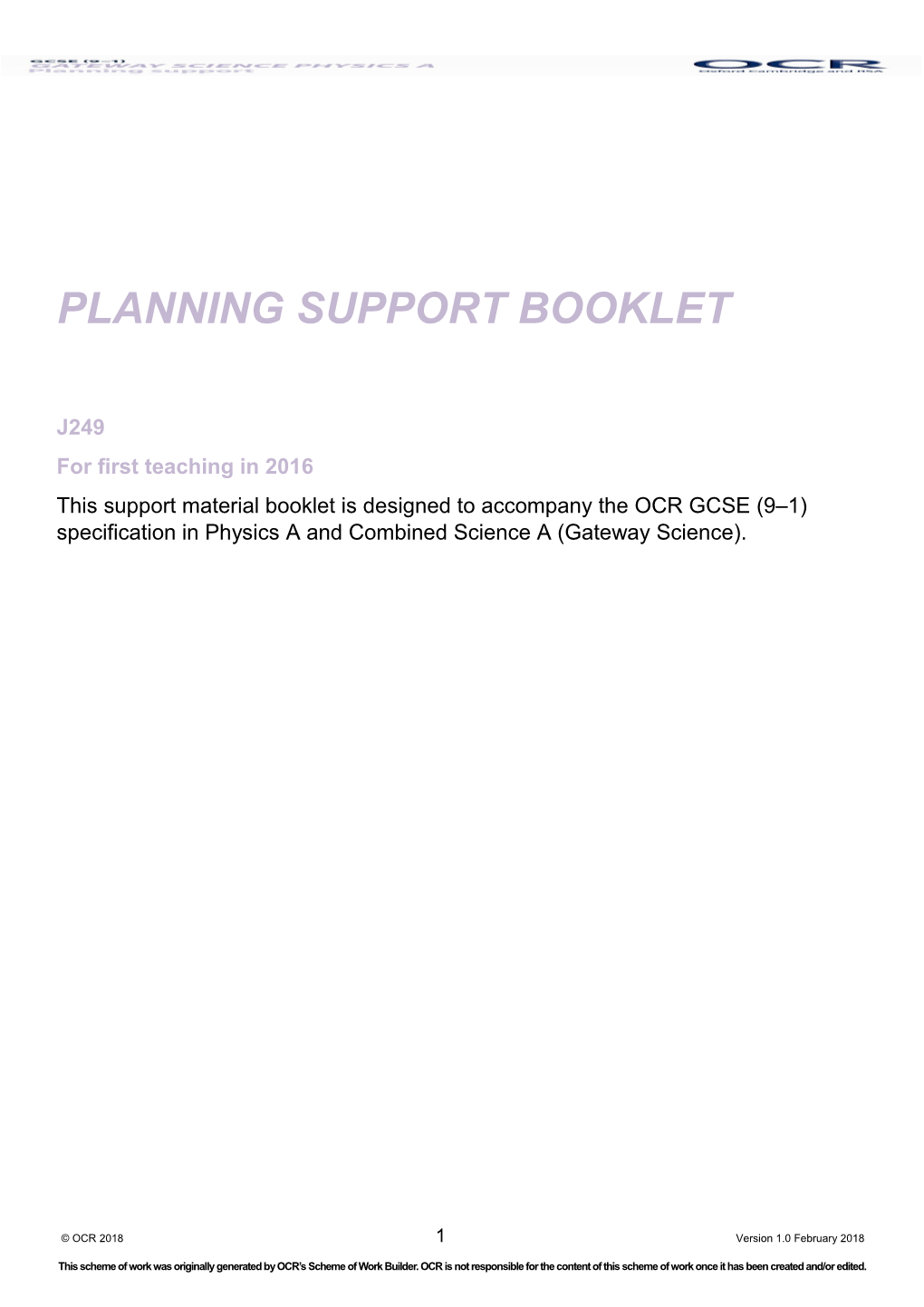 OCR GCSE (9 1) Specification in Physics a (Gateway) Support Booklet (Planning Support)