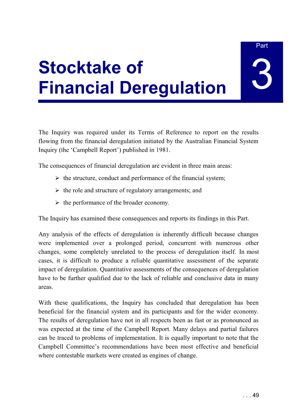 Financial System Inquiry (Wallis Report) - Stocktake of Financial Deregulation