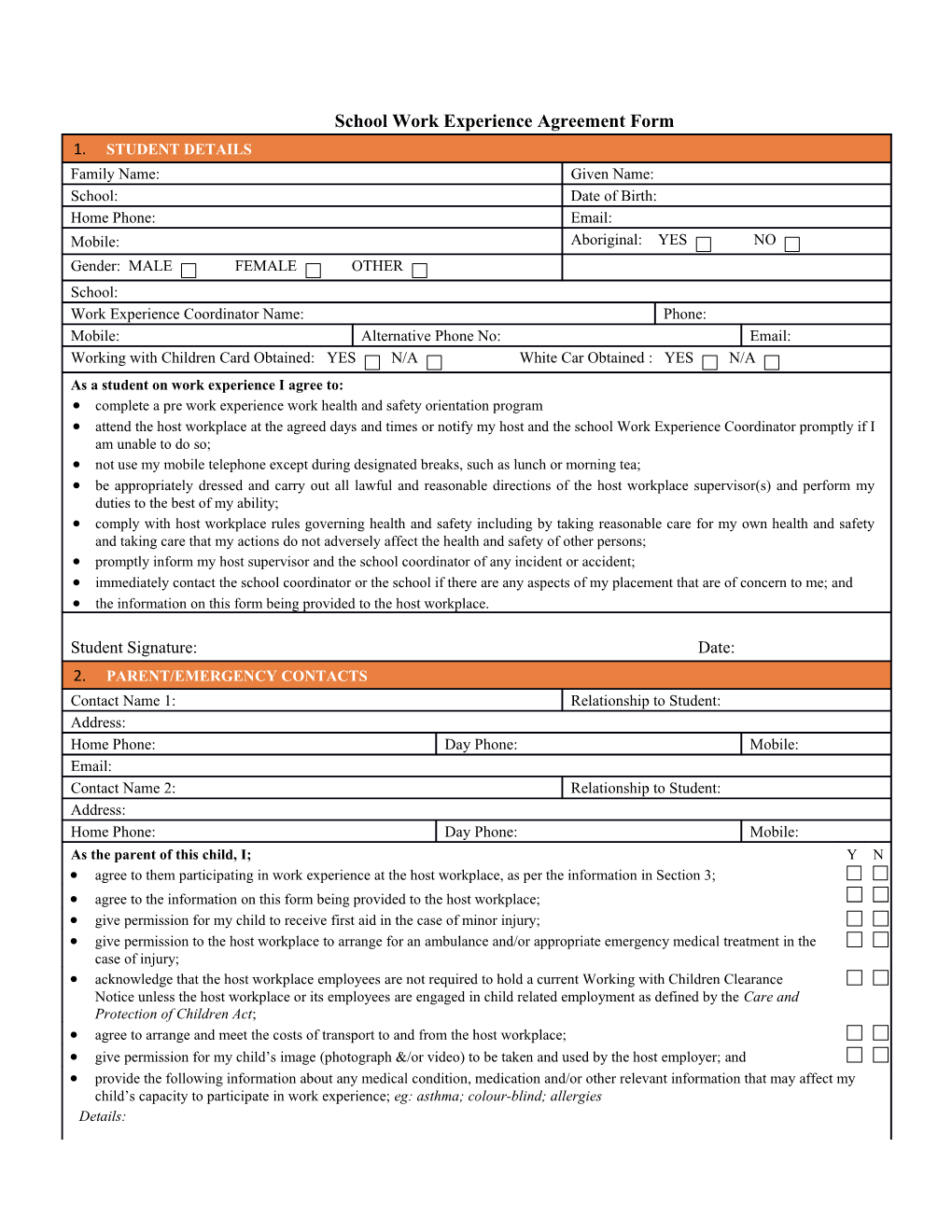 School Work Experience Agreement Form