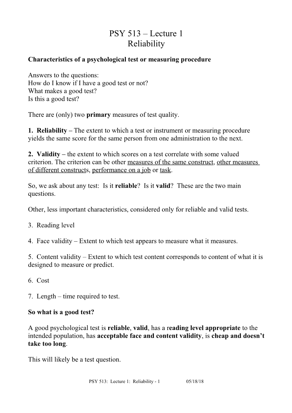 Characteristics of a Psychological Test Or Measuring Procedure