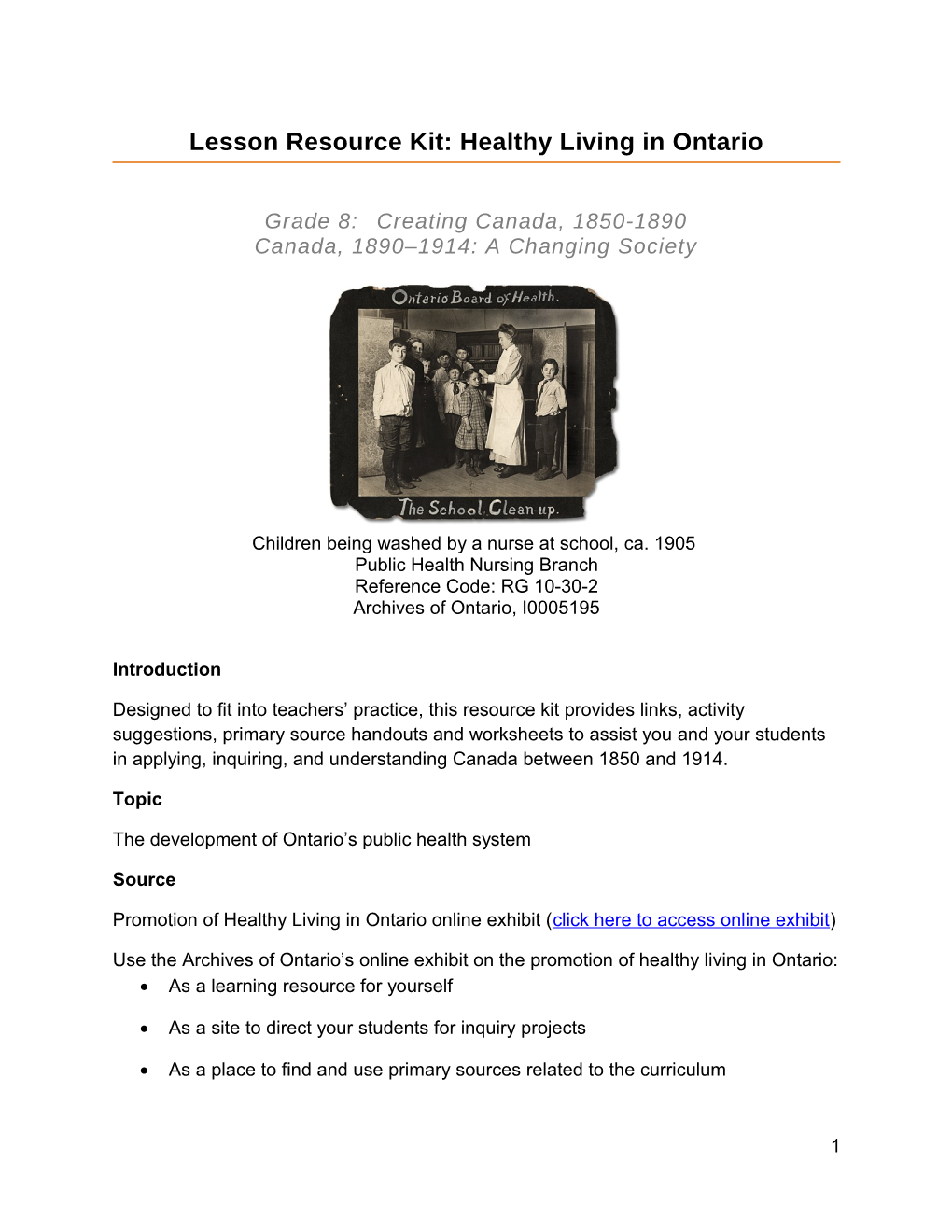Lesson Resource Kit: Healthy Living in Ontario Grade 8: Creating Canada, 1850-1890