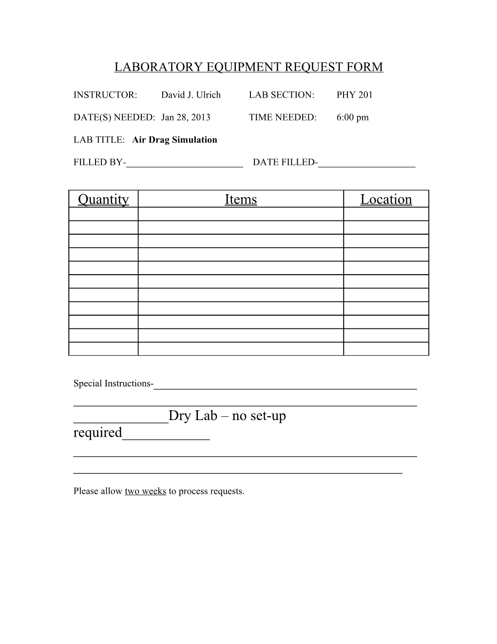 Laboratory Equipment Request Form