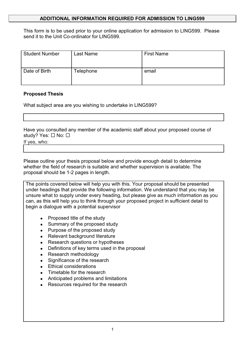 Honours Proposed Thesis Form
