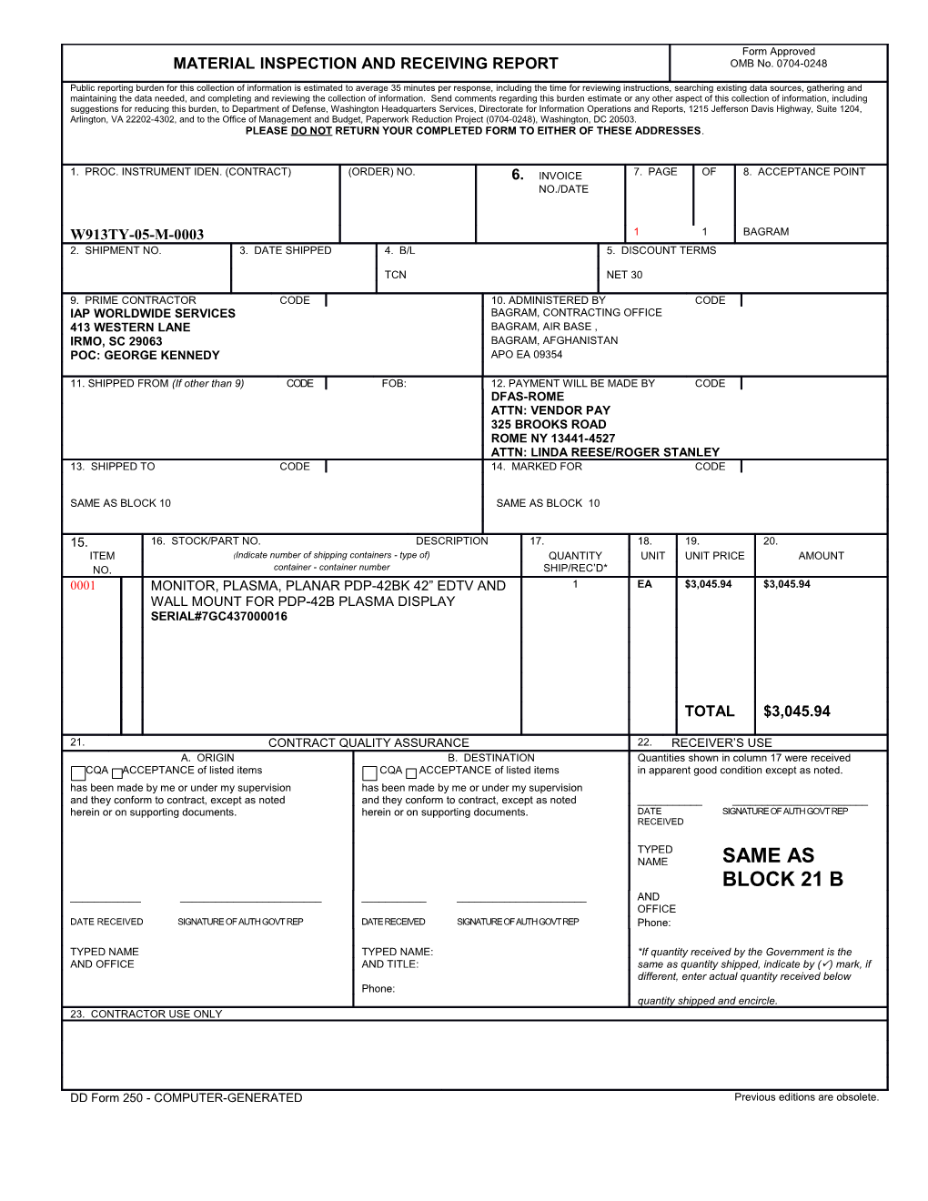 Material Inspection and Receiving Report