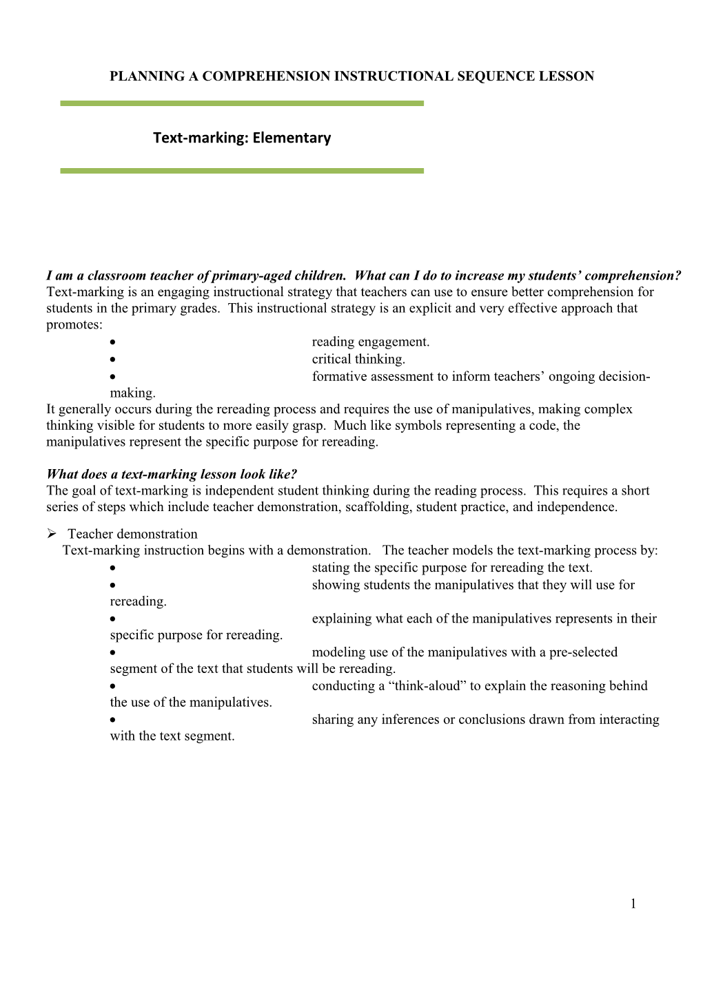 Planning a Comprehension Instructional Sequence Lesson