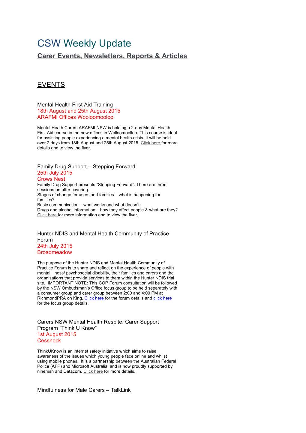 Carer Events, Newsletters, Reports & Articles