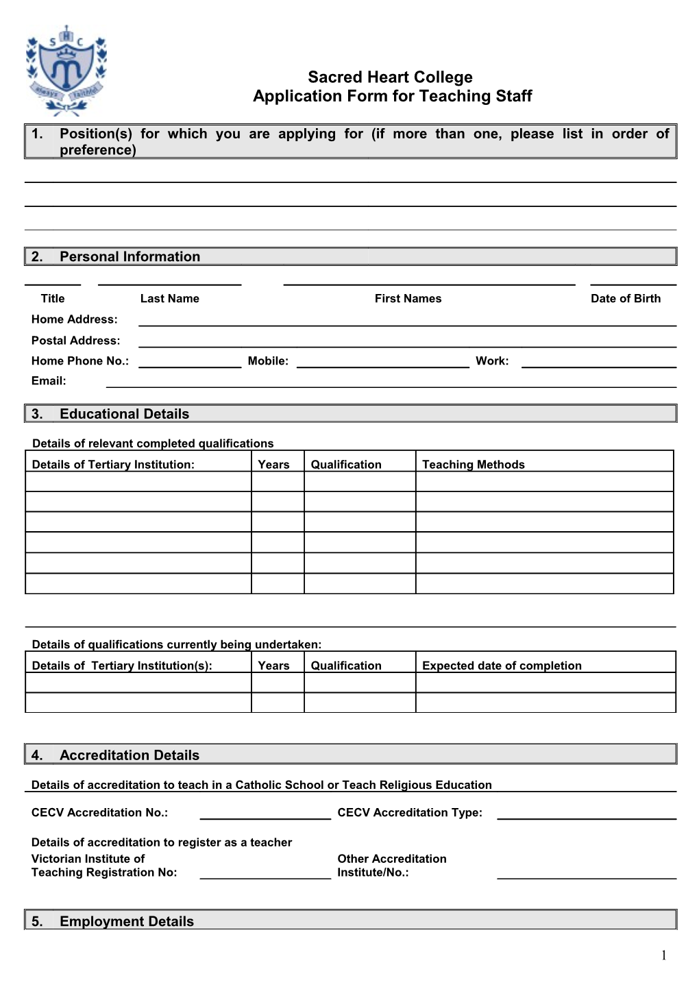 Application Form—Teaching Position