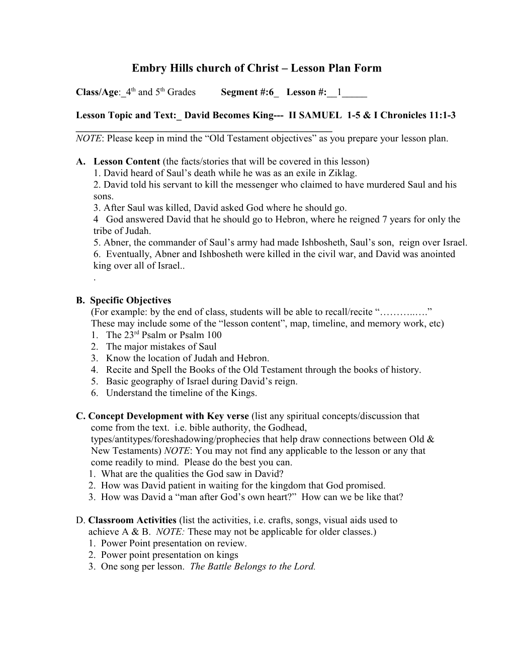 Embry Hills Church of Christ Lesson Plan Form