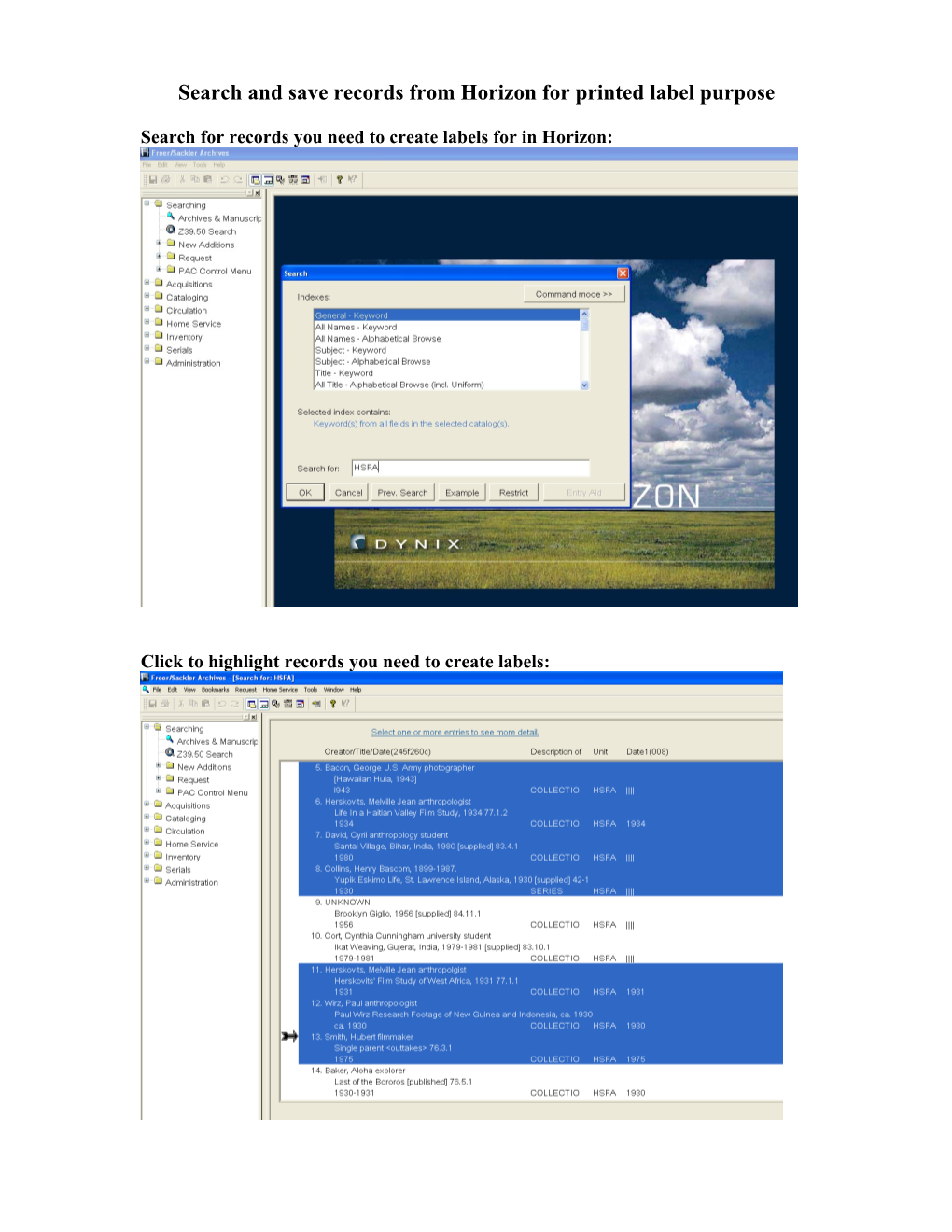 Search for Records You Need to Create Labels for in Horizon
