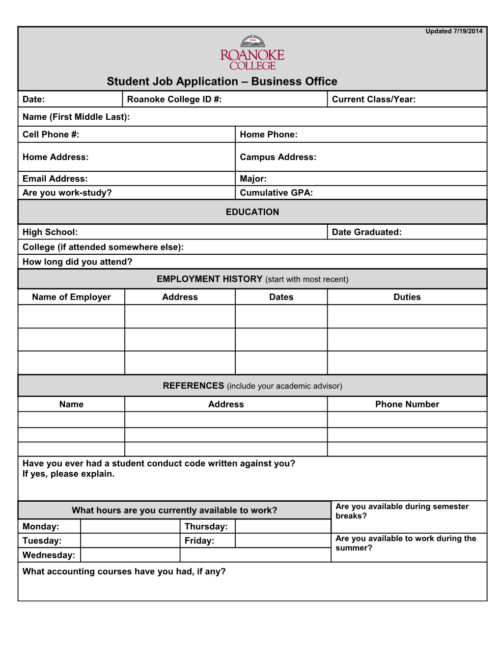Updated 7/19/2014 Student Job Application Business Office