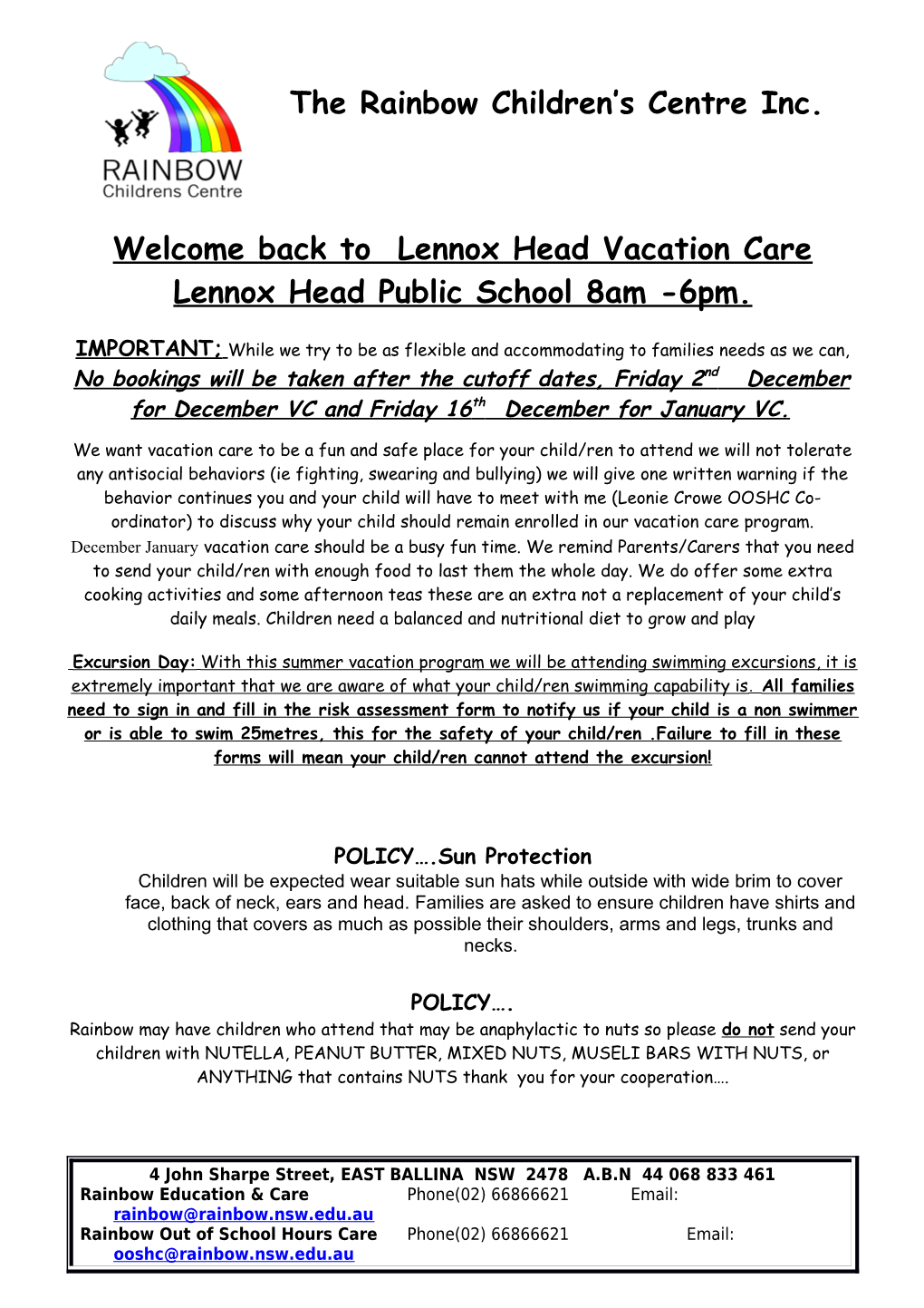 Welcome Back to Lennox Head Vacation Care