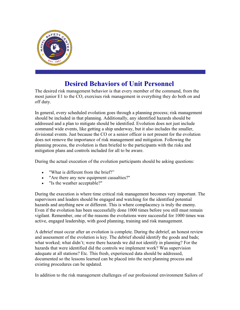 Desired Behaviors of Unit Personnel