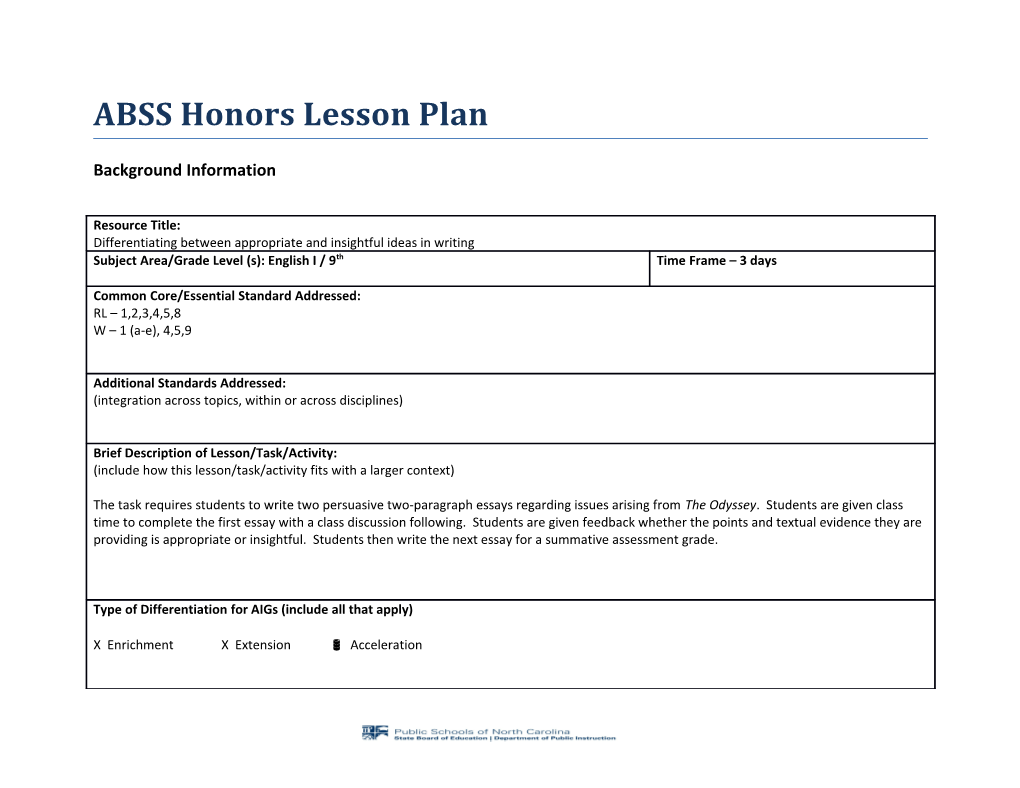 ABSS Honors Lesson Plan