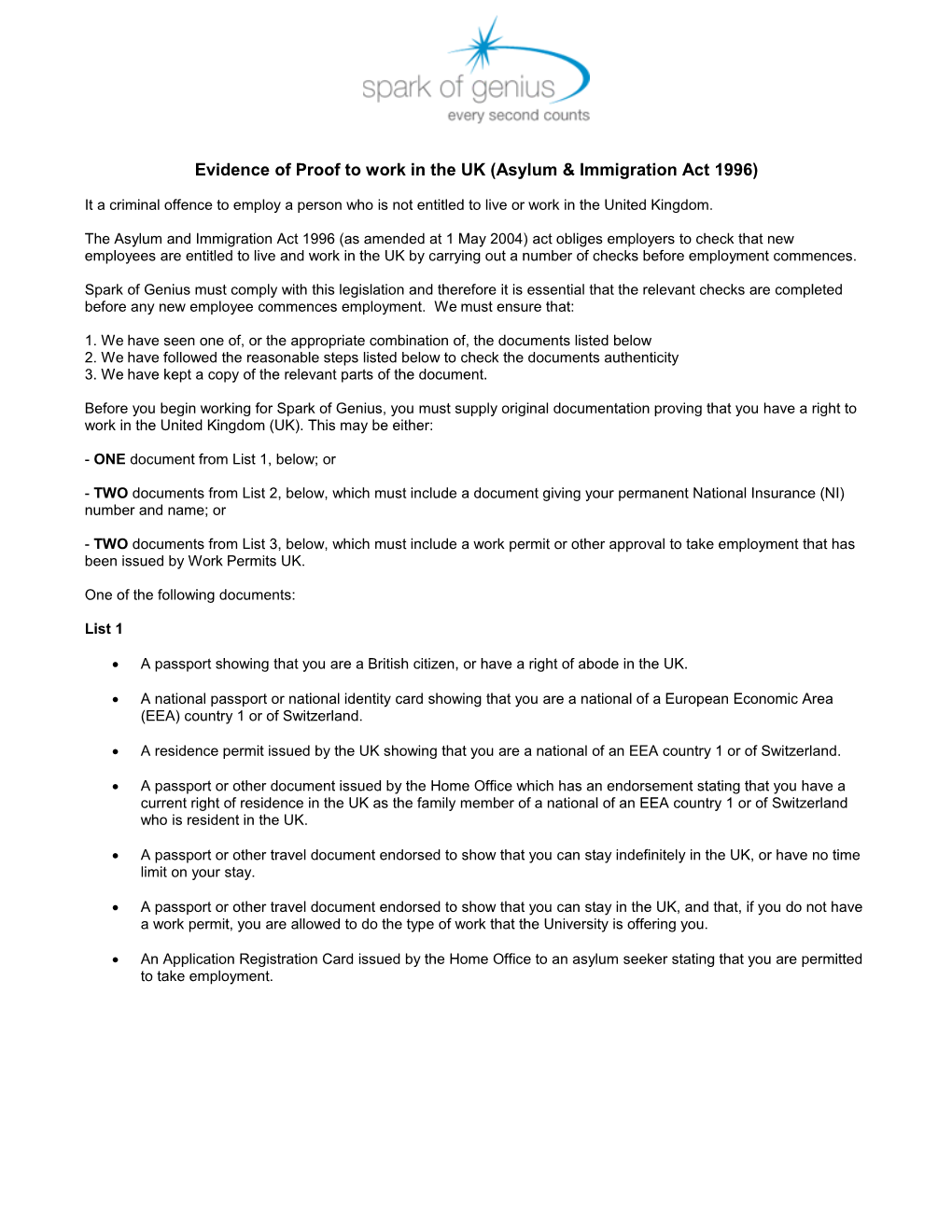 Evidence of Proof to Work in the UK (Asylum & Immigration Act 1996)