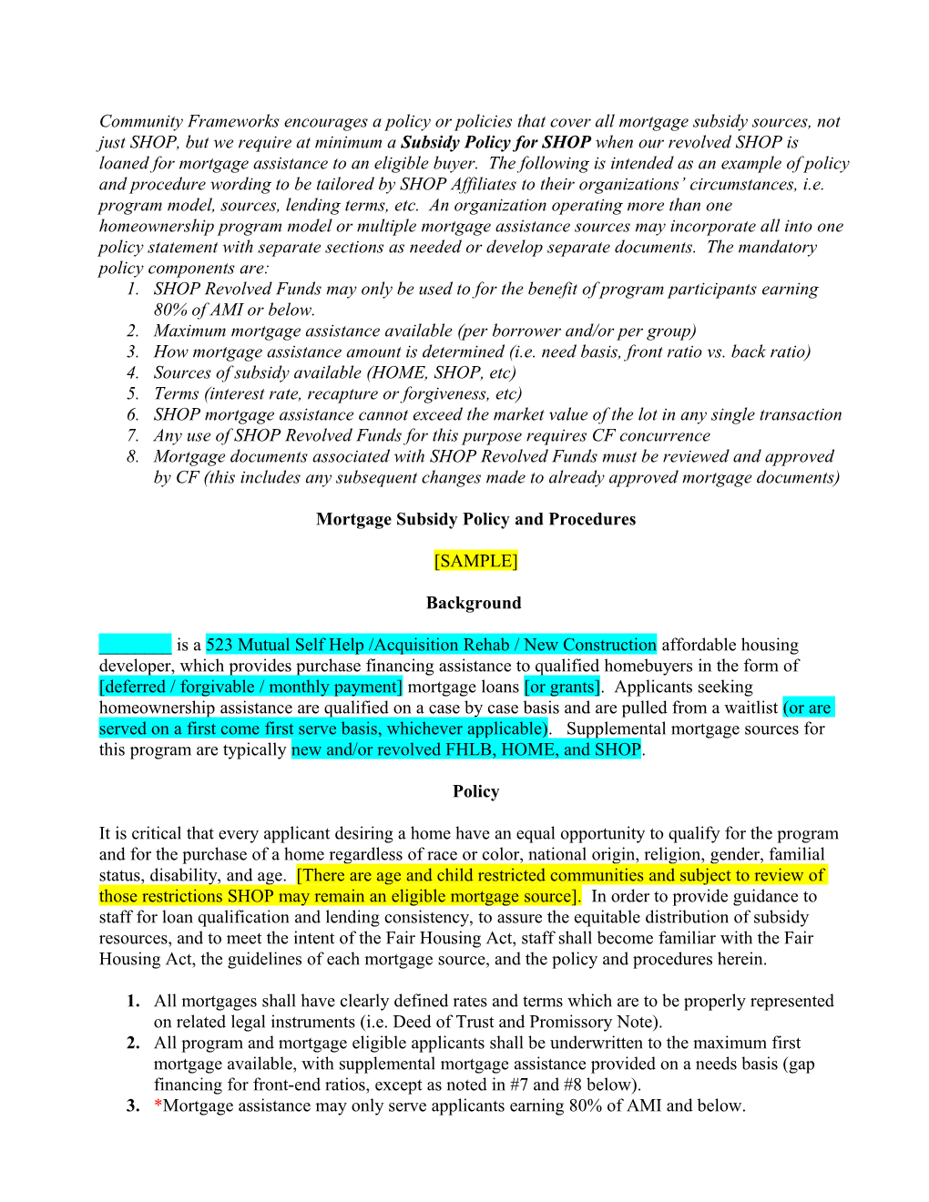 KCCHA Subsidy Policy