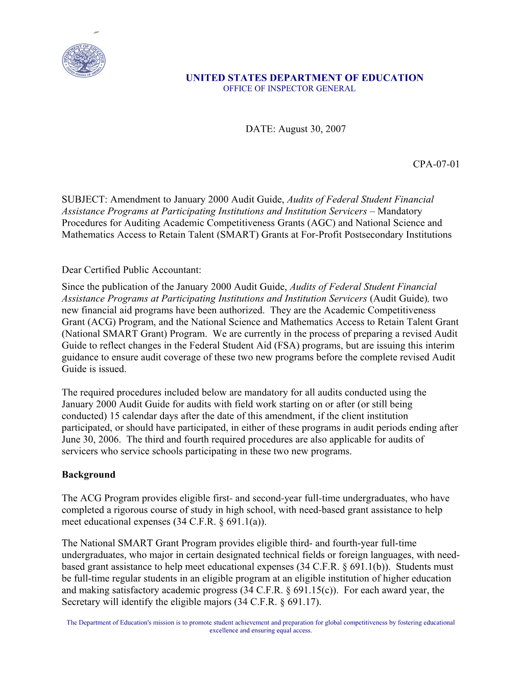 Amendment to January 2000 Audit Guide, Audits of Federal Student Financial Assistance Programs