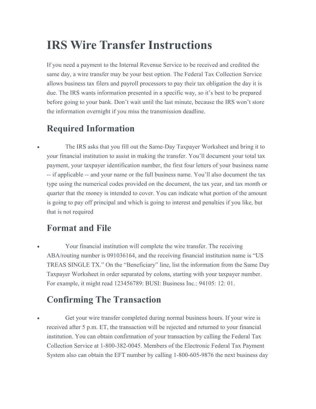 IRS Wire Transfer Instructions