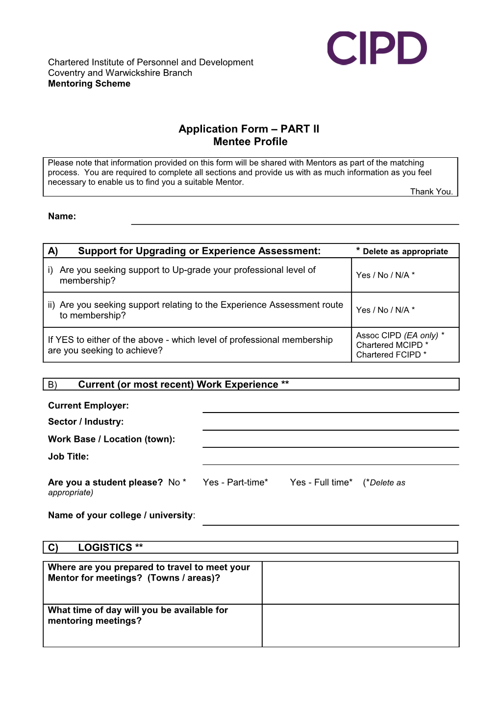 Application Form PART II