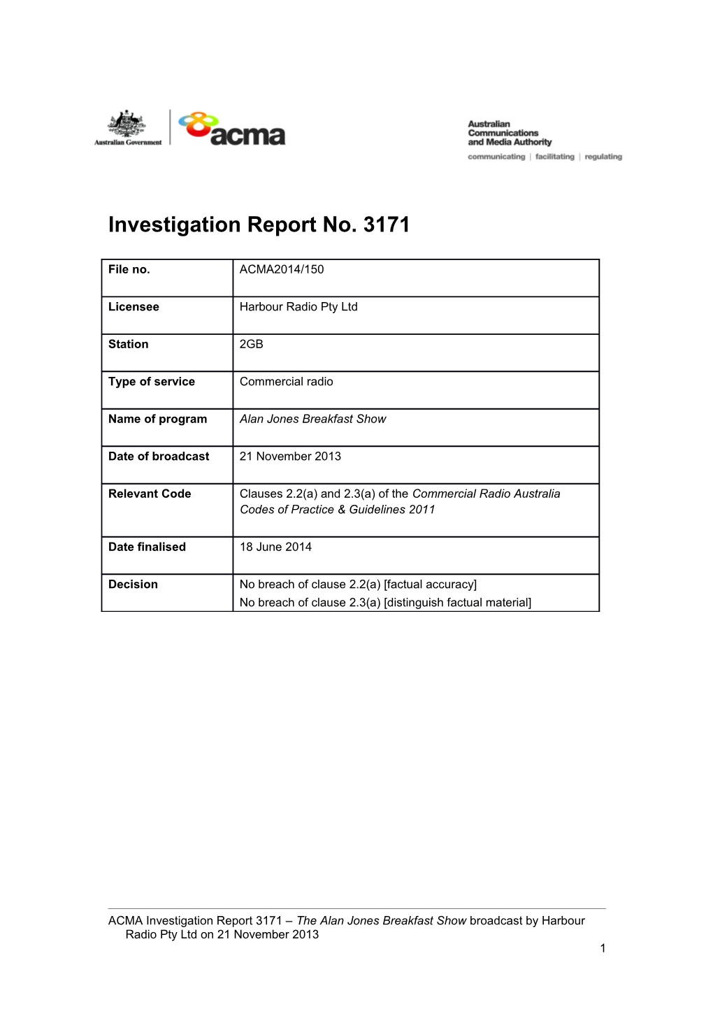 Investigation Report No. 3171