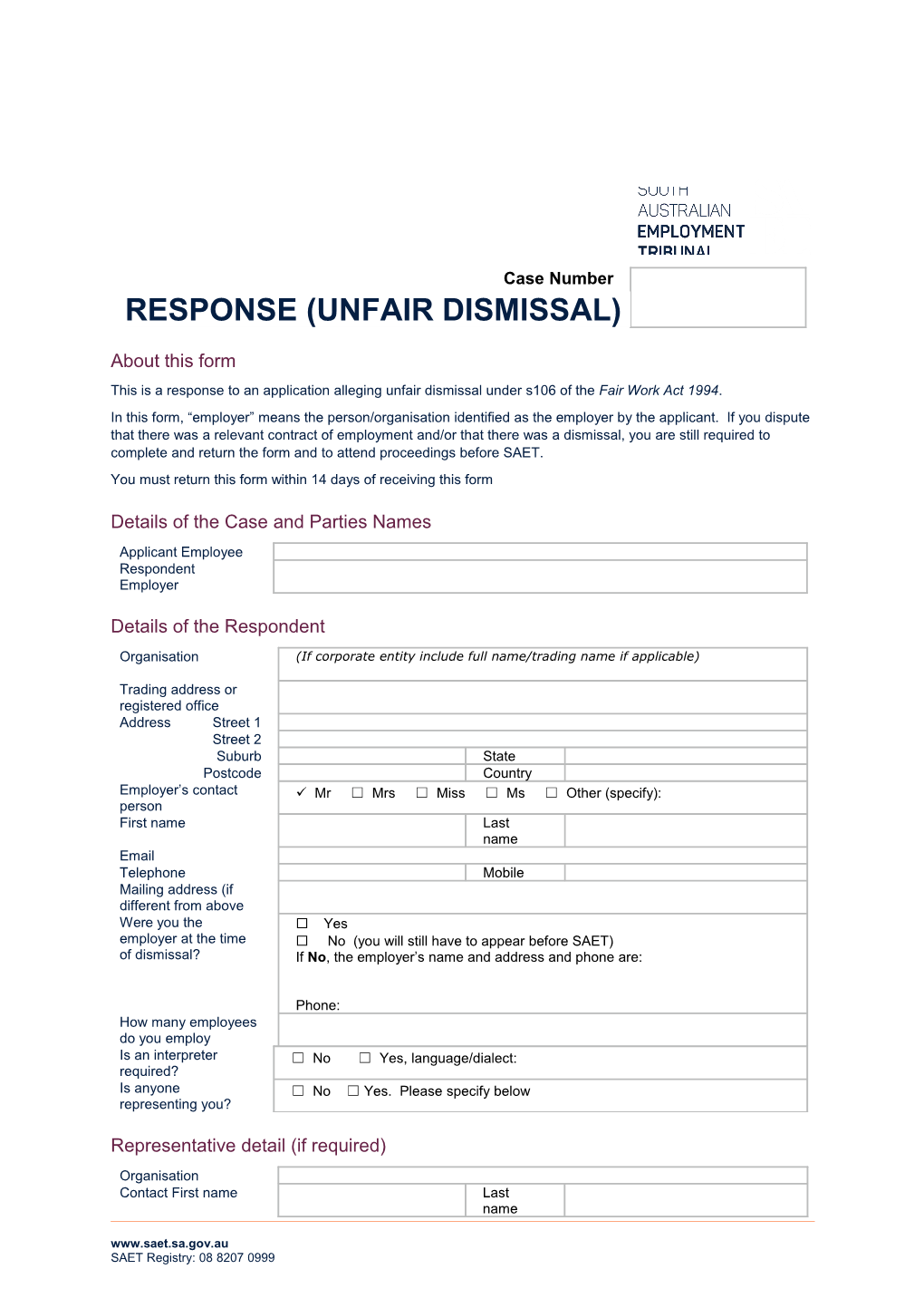 Response (Unfair Dismissal)