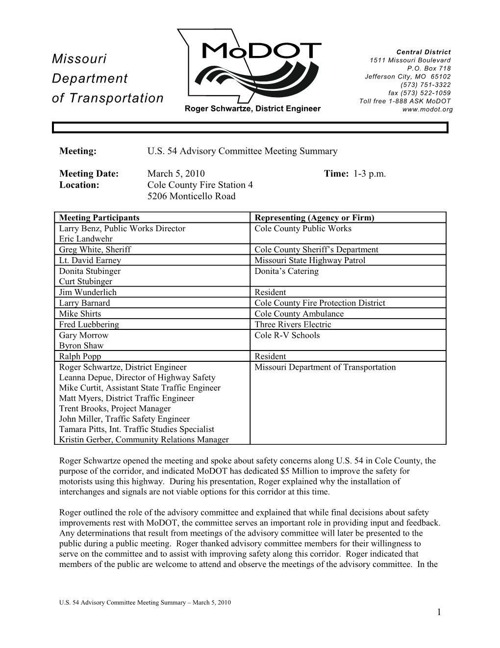 Meeting: U.S. 54 Advisory Committee Meeting Summary